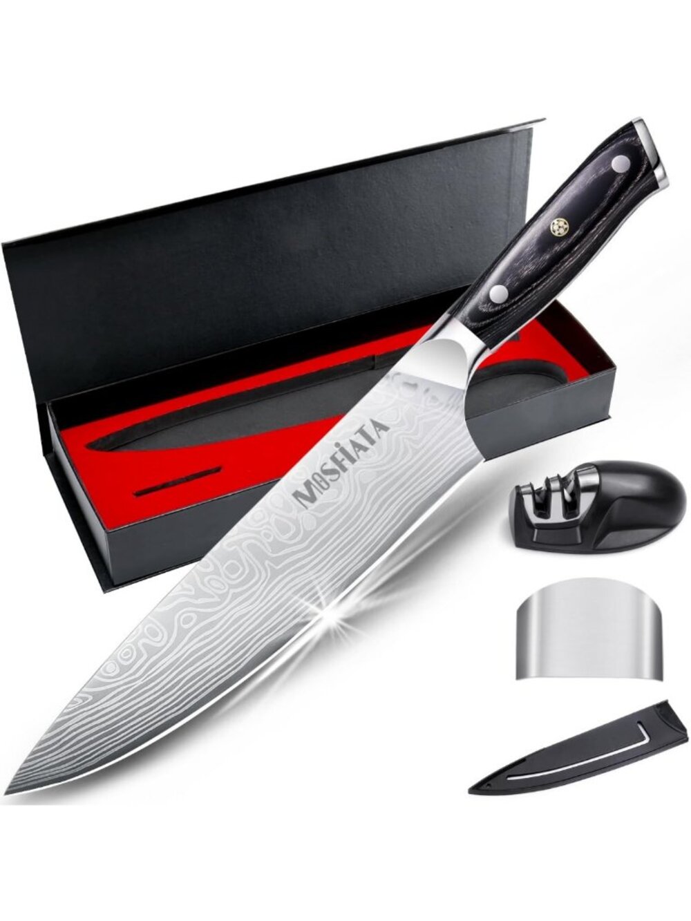 8" Super Sharp Professional Chef Knife with Finger Guard & Sharpener, German